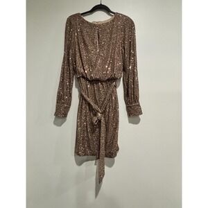Eliza J Dress Womens 8 Gold Sequin‎ Belted Long Sleeve Party Cocktail EJ2-3155